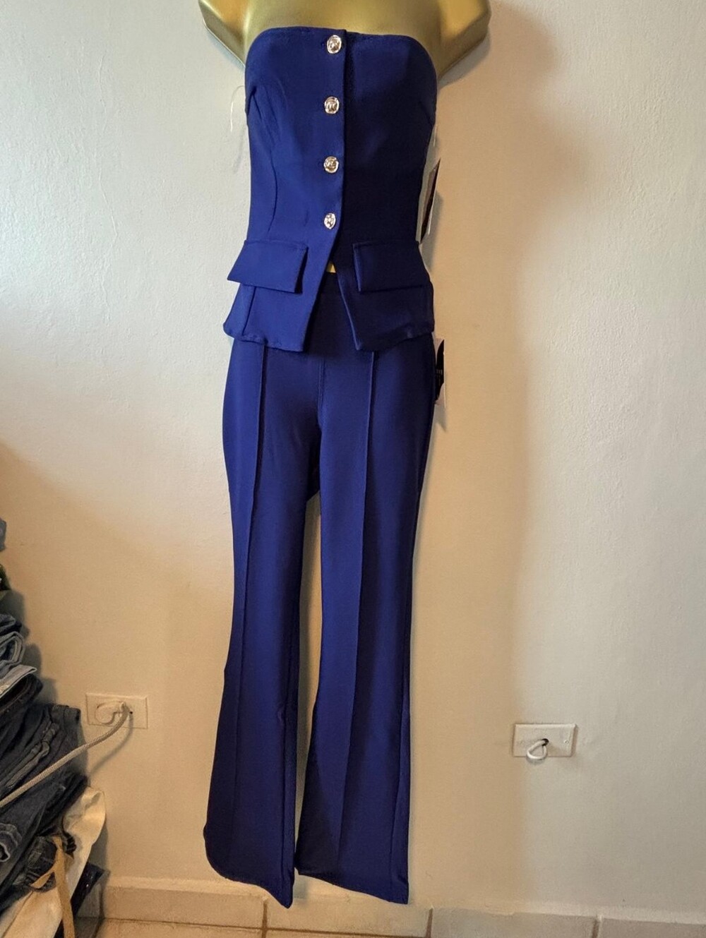 Strapless Royal Blue Jumpsuit with Button Front